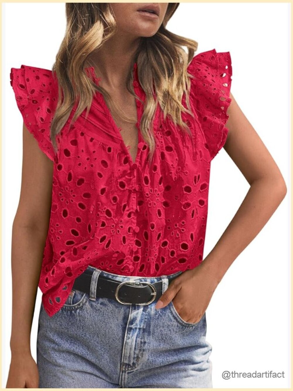 Eyelet Cap Sleeve Button V Neck Blouse Shirt Summer Tops